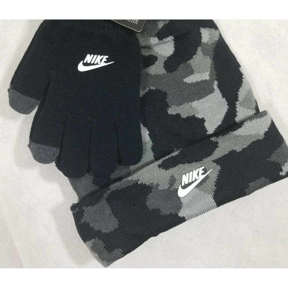 Nike Big Boys Futura Camouflage Knit Beanie and Gloves‎ 2 pc Set Black NWT